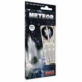 Angled view of Meteor MT13 80% tungsten darts in retail packaging, three knurled barrels and flights displayed against white background