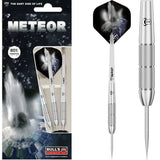 80% tungsten darts set in retail packaging alongside full dart close-up showing knurled barrel grip and meteor-themed flights