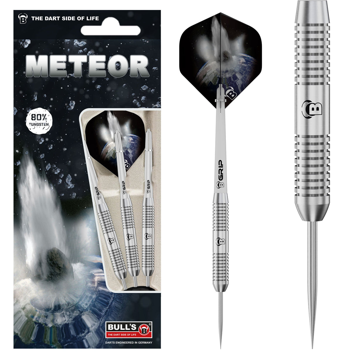 80% tungsten darts set in retail packaging with close-up showing ringed grip and meteor-themed dart flights