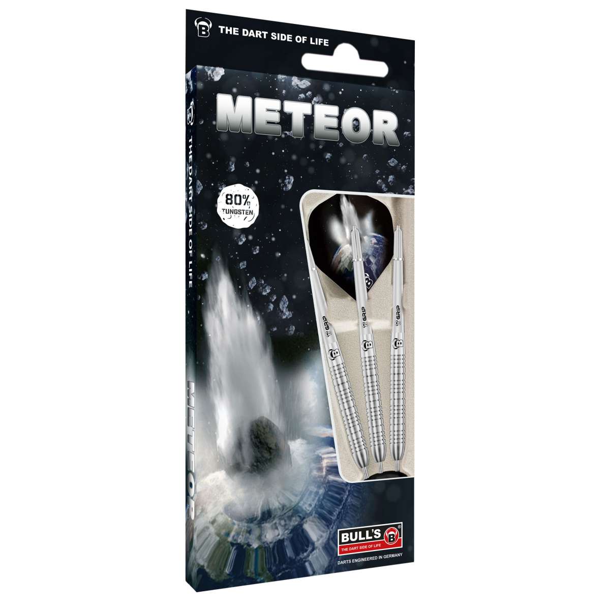 Angled packaging view of Meteor MT4 80% tungsten darts set, three silver knurled darts with black flights displayed in box