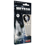 Angled packaging view of Meteor MT4 80% tungsten darts set, three silver knurled darts with black flights displayed in box