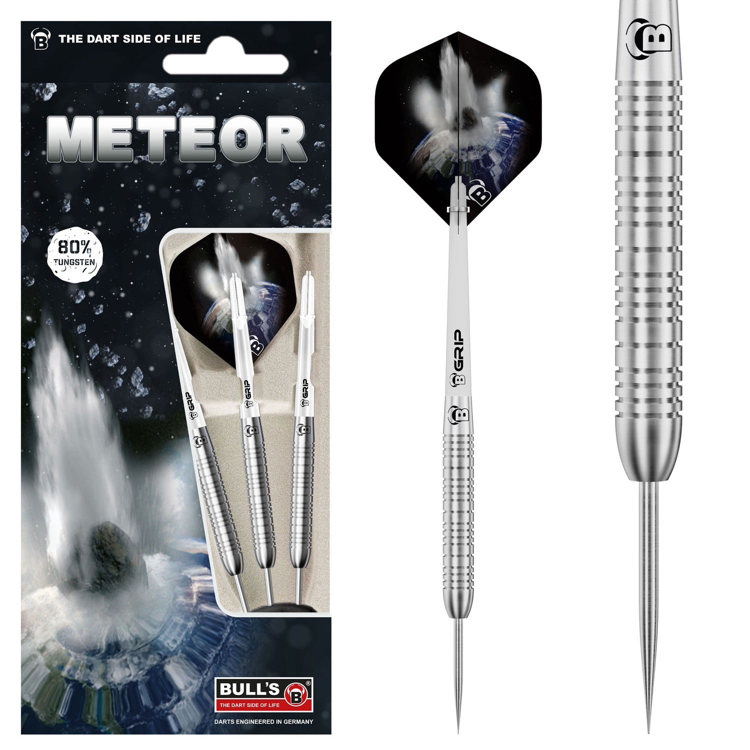 80% tungsten darts set in retail packaging beside close-up of single dart showing knurled grip and meteor design flight