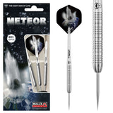 80% tungsten darts set in retail packaging beside close-up of single dart showing knurled grip and meteor design flight
