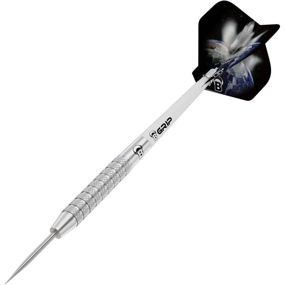 Angled view of 80% tungsten dart with knurled grip, silver barrel, and black galaxy-themed flight, isolated on white background