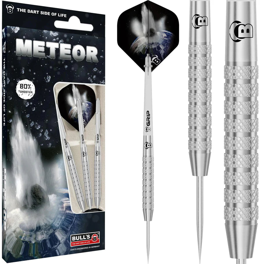 Full view of Meteor 80% tungsten darts set in packaging plus close-up of knurled barrel grip and meteor-themed flight design