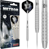 Full view of Meteor 80% tungsten darts set in packaging plus close-up of knurled barrel grip and meteor-themed flight design