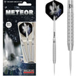 Full product view of three 80% tungsten darts in packaging with close-up on knurled grip, pointed tip, and meteor-themed flights