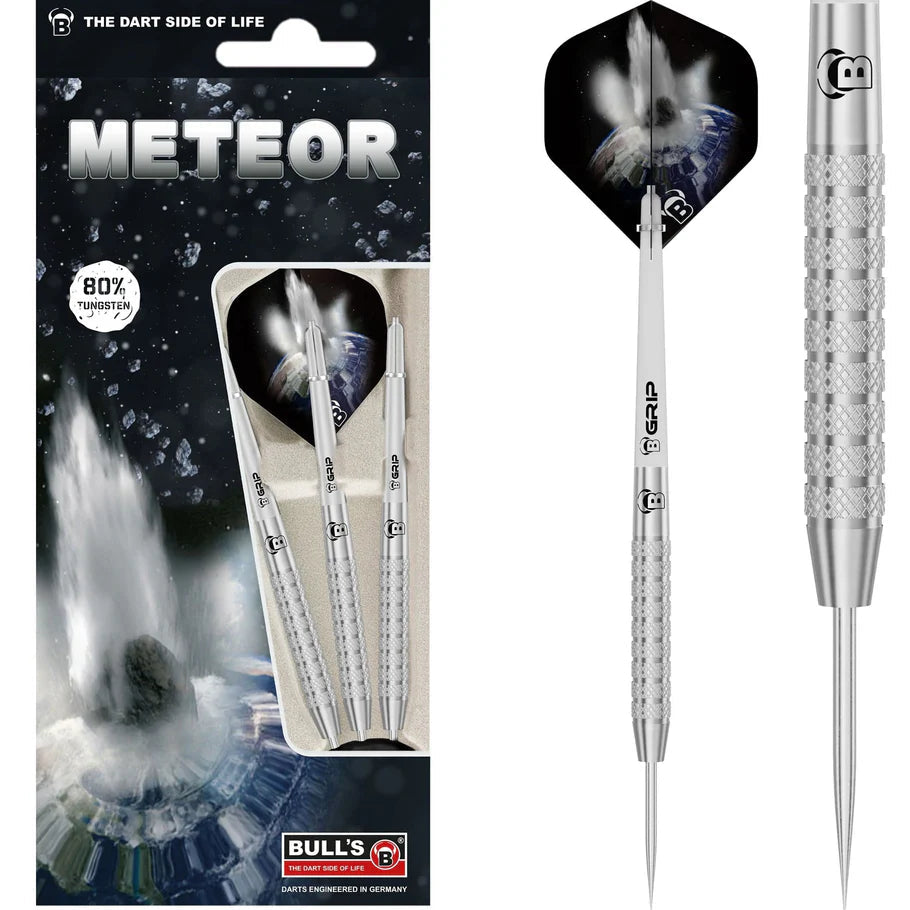 Full product view of three 80% tungsten darts in packaging with close-up on knurled grip, pointed tip, and meteor-themed flights