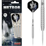 Full product view of three 80% tungsten darts in packaging with close-up on knurled grip, pointed tip, and meteor-themed flights