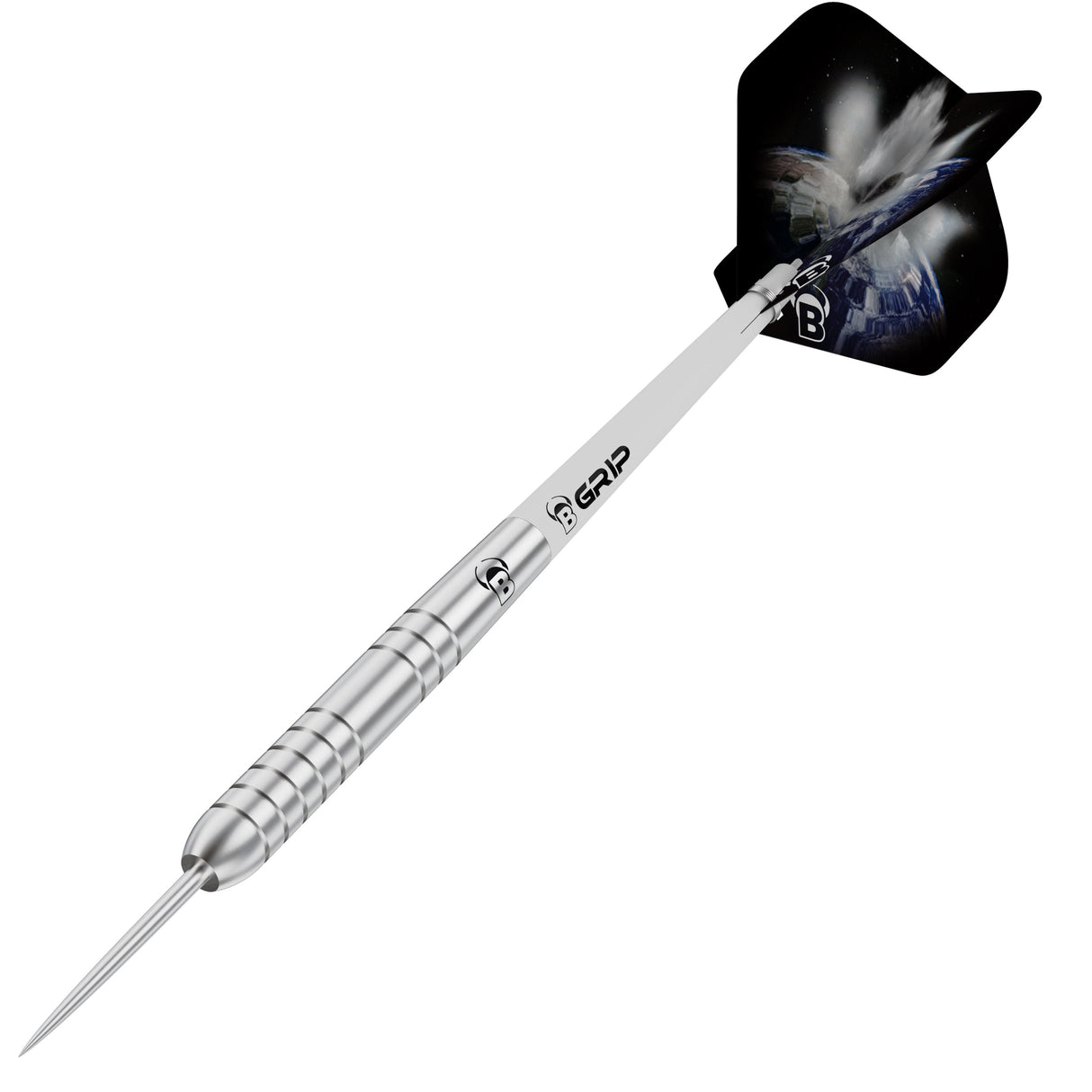 Angled view of 80% tungsten dart with precision grip barrel and cosmic-themed flight, isolated on white background