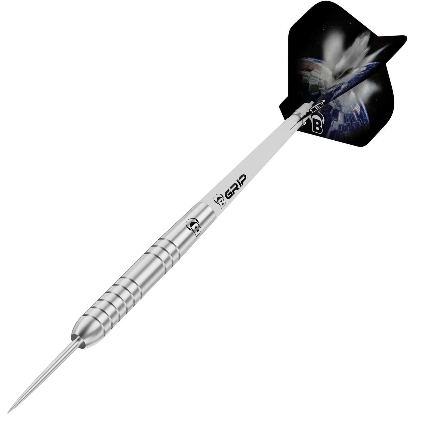 Angled view of 80% tungsten dart with precision grip barrel and cosmic-themed flight, isolated on white background