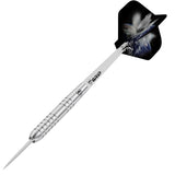 Angled view of 80% tungsten dart with precision grip barrel and cosmic-themed flight, isolated on white background