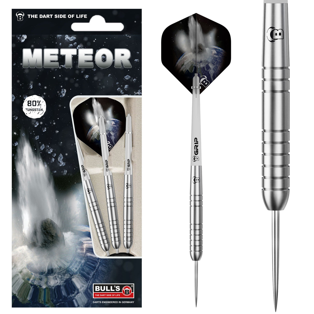 Tungsten darts set in retail packaging with close-up showing precision ringed barrel and meteor flight design