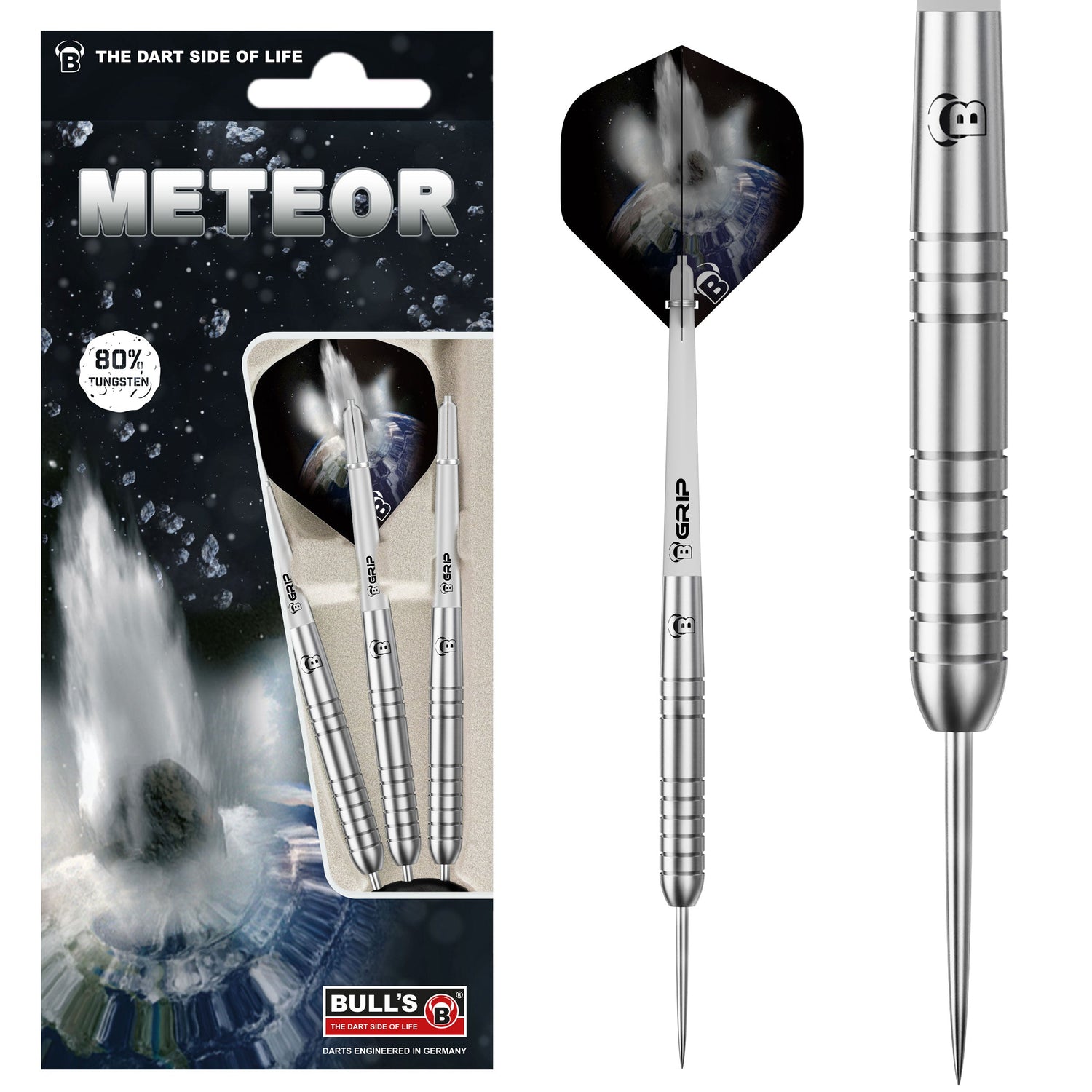 Tungsten darts set in retail packaging with close-up showing precision ringed barrel and meteor flight design