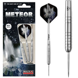 Tungsten darts set in retail packaging with close-up showing precision ringed barrel and meteor flight design