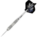 Angled view tungsten dart with knurled barrel grip, sharp steel tip, and graphic flight, isolated on white background