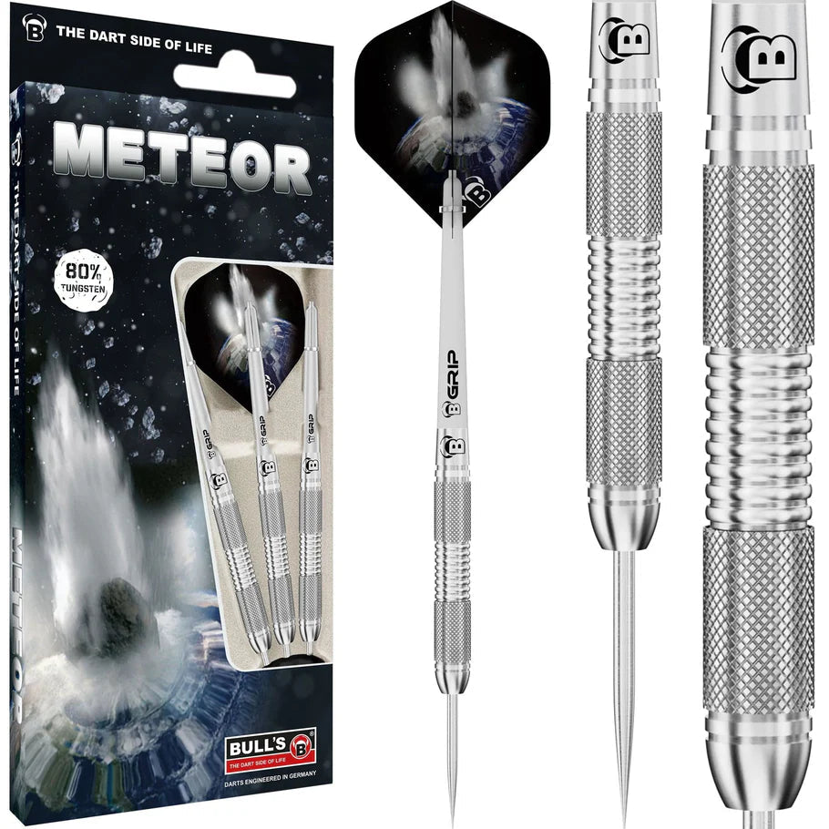80% tungsten darts set with packaging, full dart display, and macro close-up of knurled and ringed grip barrel design