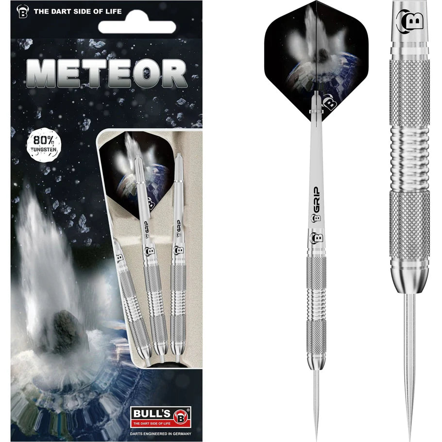 80 percent tungsten darts set in retail packaging with two assembled darts isolated, showing knurled grip and meteor-themed flights