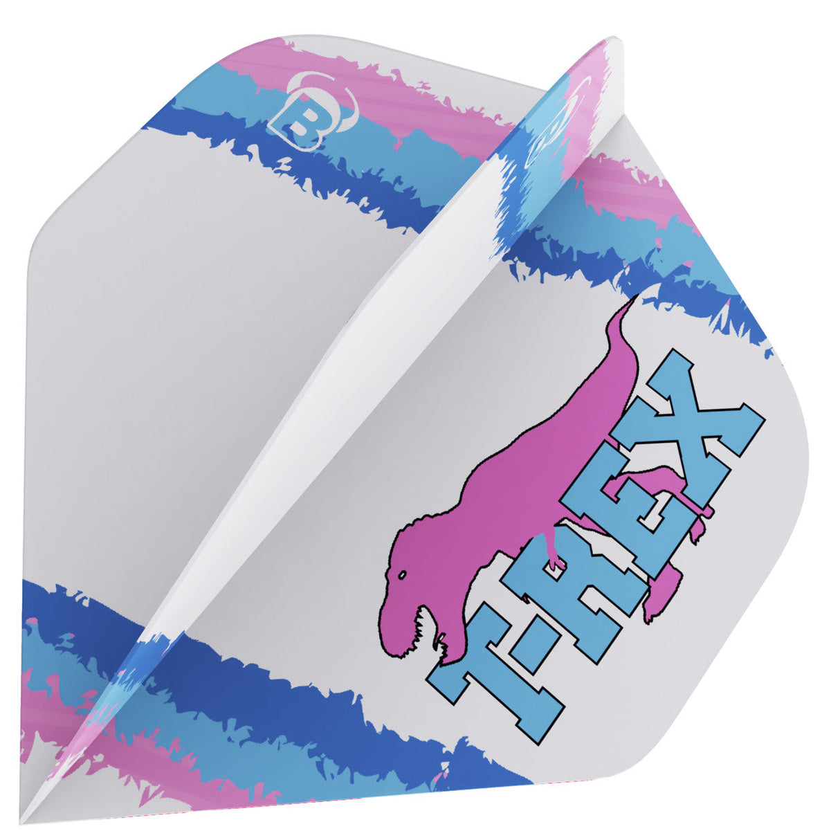 Close-up angled view of Metrixx T-Rex No.2 dart flight with pink dinosaur graphic and blue stripe detailing