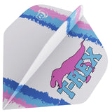 Close-up angled view of Metrixx T-Rex No.2 dart flight with pink dinosaur graphic and blue stripe detailing