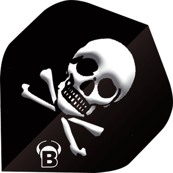 Close-up of A-shape dart flight with bold skull and crossbones pattern, black background for darts