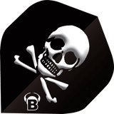 Close-up of A-shape dart flight with bold skull and crossbones pattern, black background for darts