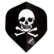 A-shape dart flight with bold white skull and crossbones design, black background, single flight isolated for dart accessories