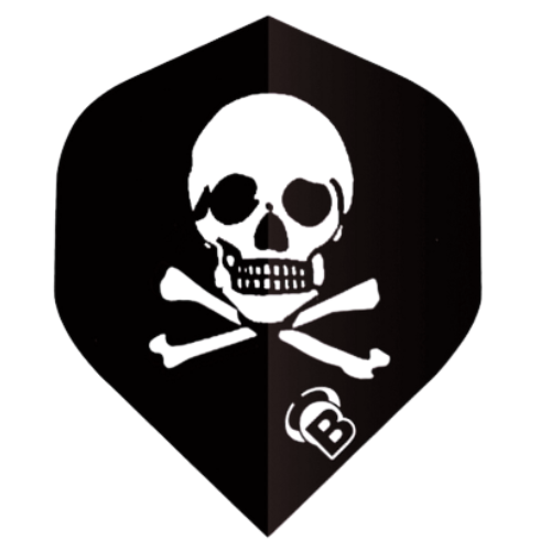 A-shape dart flight with bold white skull and crossbones design, black background, single flight isolated for dart accessories