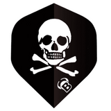 A-shape dart flight with bold white skull and crossbones design, black background, single flight isolated for dart accessories