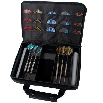 Open darts case with two complete dart sets, multiple spare flights in pockets, top-down view for dart storage and organization