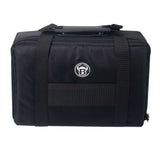 Full view of black darts case with textured fabric, sturdy handle, front logo, isolated on white background for dart storage