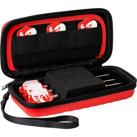Red and black darts case open to display three assembled darts and flight pockets, highlighting compact dart storage