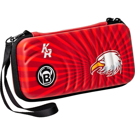 Red Orbis Krzysztof Ratajski Polish Eagle small darts case angled view, eagle graphic, wrist strap, hard shell, isolated on white