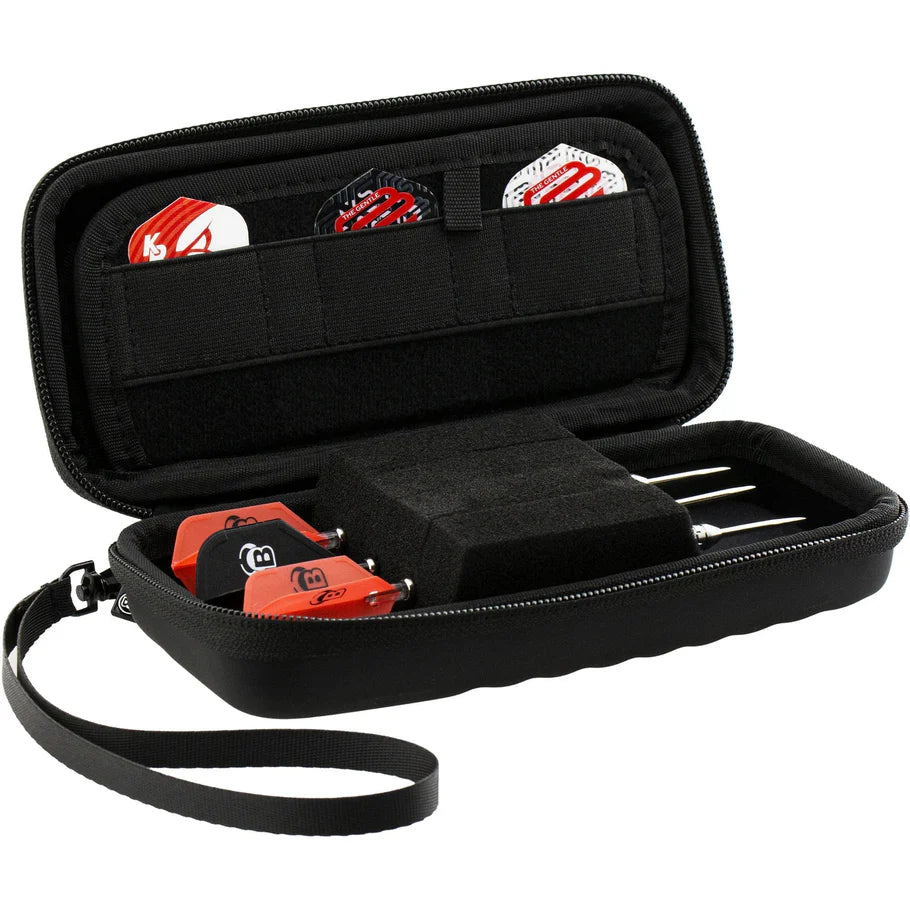 Open black darts case with three assembled darts, spare flights, and foam holder, angled to show organized storage