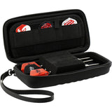Open black darts case with three assembled darts, spare flights, and foam holder, angled to show organized storage