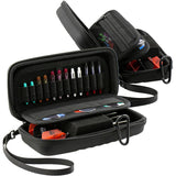 Angled view of open black darts cases displaying elastic slots, shafts, flights, and zippered mesh pocket for dart accessories