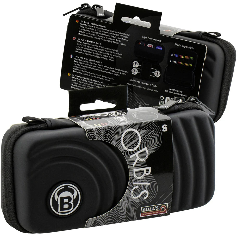 Angled view of two black darts cases in packaging, showing storage details, zipper, and compact design for dart accessories