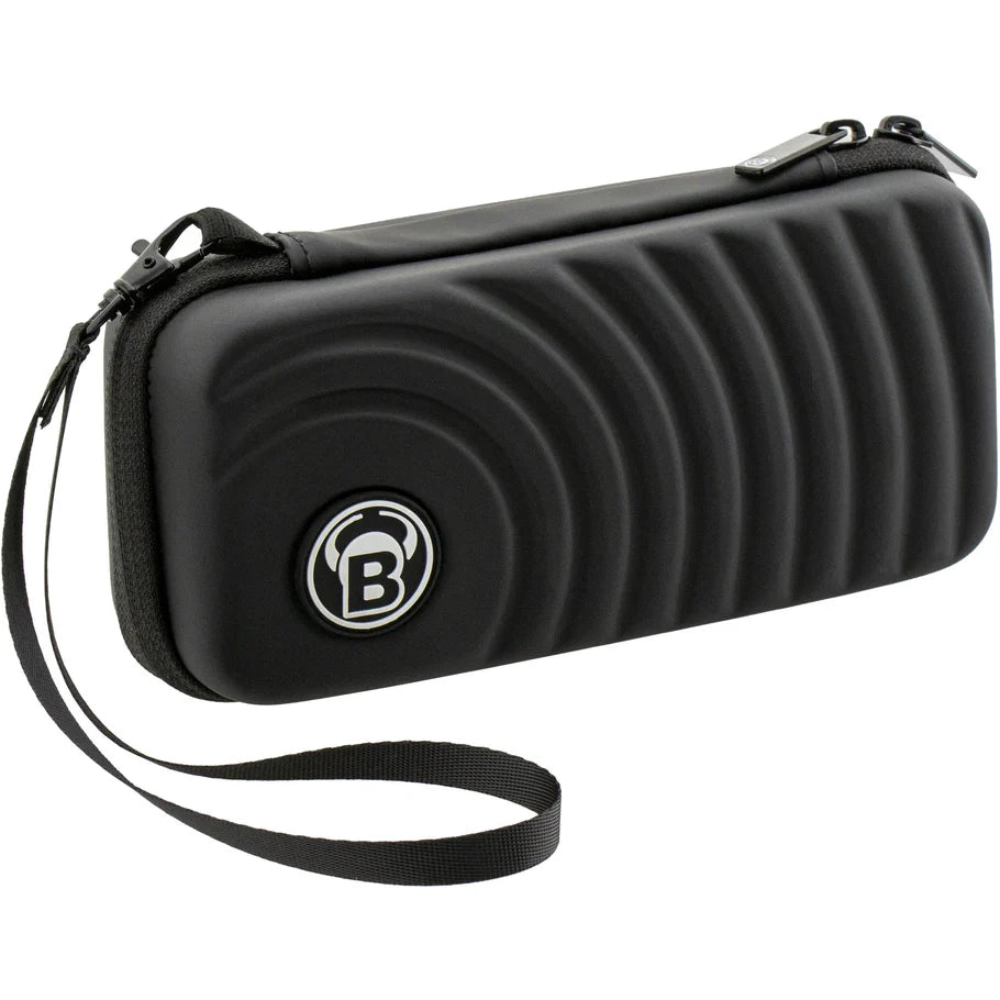 Black darts case with wave pattern, wrist strap, and zipper closure, angled view on white background for dart storage
