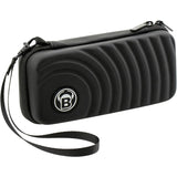 Black darts case with wave pattern, wrist strap, and zipper closure, angled view on white background for dart storage
