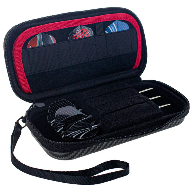 Open carbon grey darts case showing three assembled darts and spare flights in organized compartments