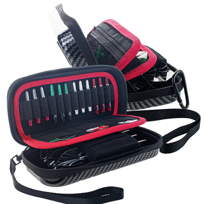 Angled display of small carbon grey dart cases open to show storage for multiple shafts, barrels, and flights, featuring organized layout