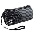 Angled view of carbon grey darts case with textured finish and wrist strap, isolated on white background.