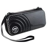 Angled view of carbon grey darts case with textured finish and wrist strap, isolated on white background.