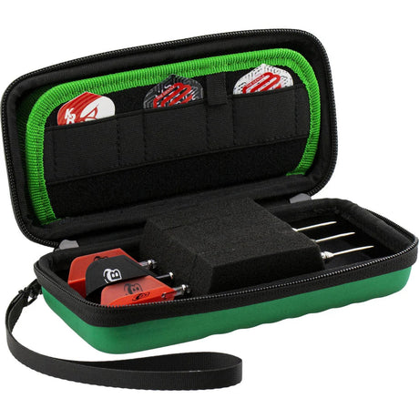 Open green darts case angled view showing darts with shafts, flights, foam insert, and storage pockets for dart accessories
