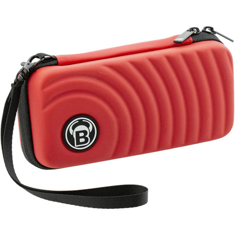 Red darts case with textured wave pattern, wrist strap, angled full product shot on white background