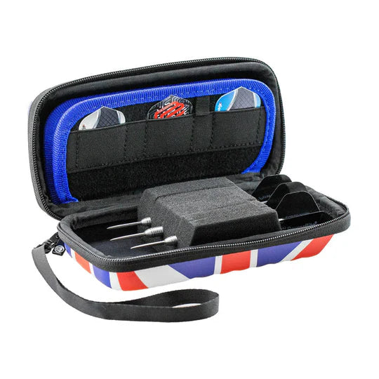 Union Jack dart case open with three steel tip darts, flight storage, and foam insert, angled view on white background