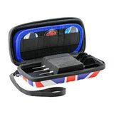 Union Jack dart case open with three steel tip darts, flight storage, and foam insert, angled view on white background