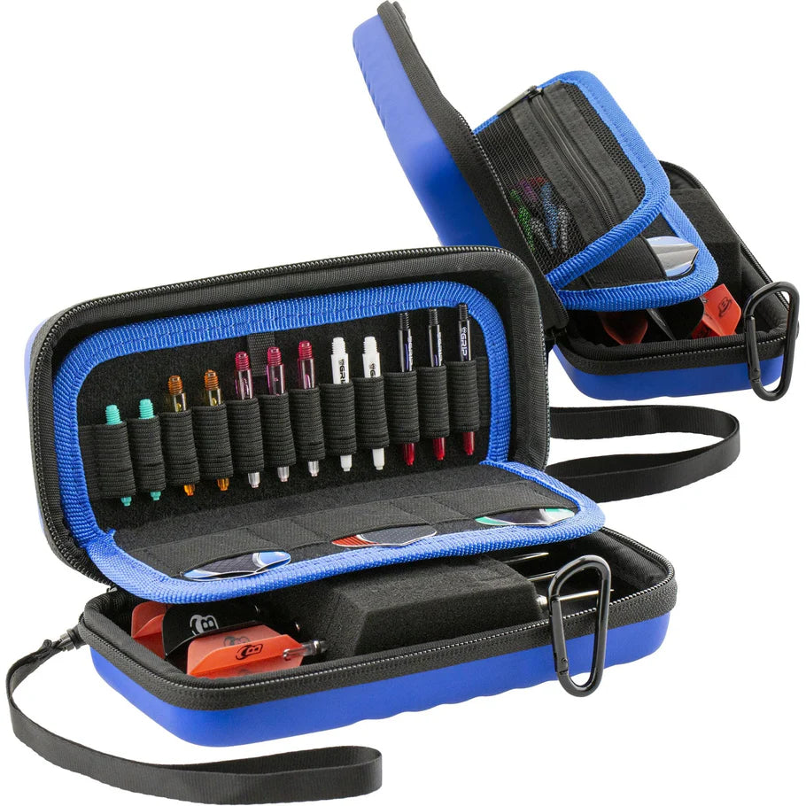 Angled view of blue dart case open to show organized dart stems, flights, and accessories for darts storage and protection