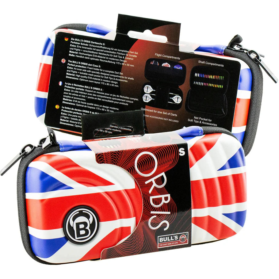 Union Jack dart case small size angled view, one case front and one with packaging highlighting dart storage features