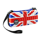 Union Jack dart case with wrist strap displayed at an angle on white background, zip closure visible, ideal for dart storage